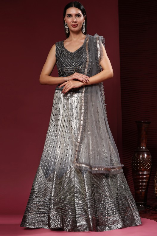 Fancy Heavy Organza Fabric with Elegant Real Mirror & Codding work Lehenga